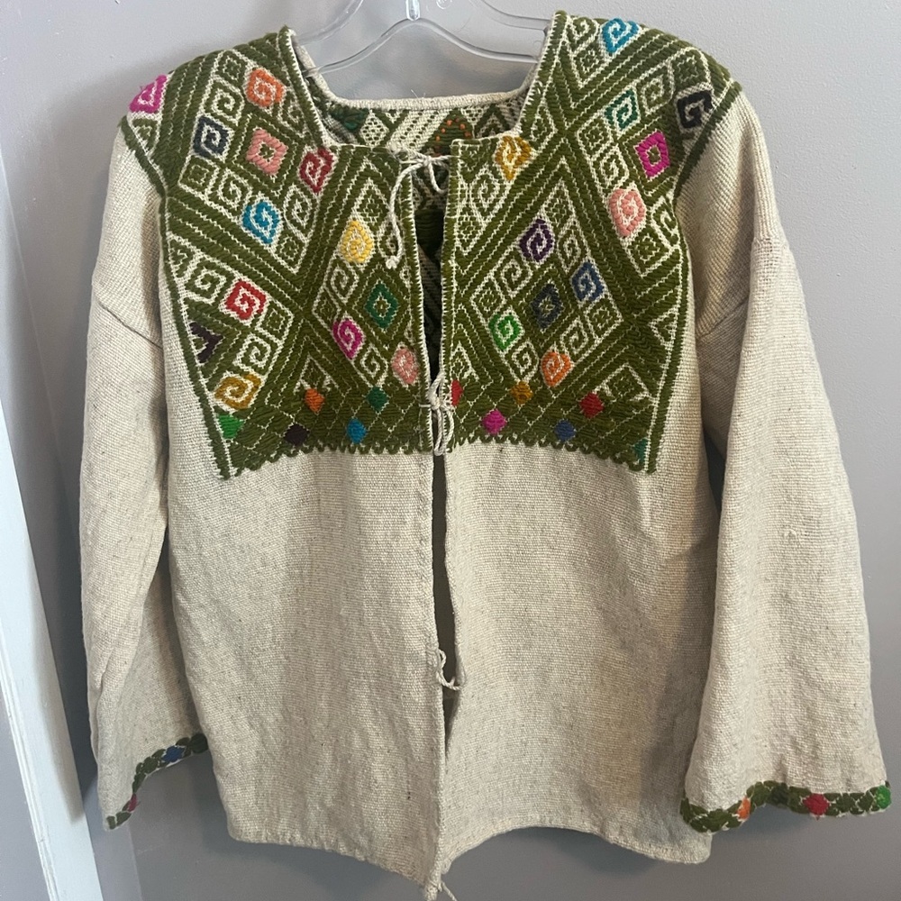 Handwoven Natural Cotton Blouse with Olive Multicolor Embroidery